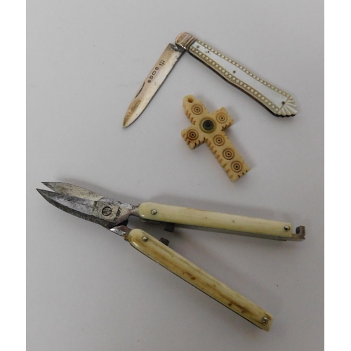 98 - Silver/mother of pearl fruit knife - folding scissors & cross pendant