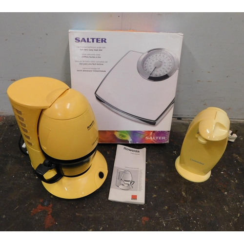 565 - Salter scales, Rowenta coffee machine and Cookworks electric can opener - all W/O