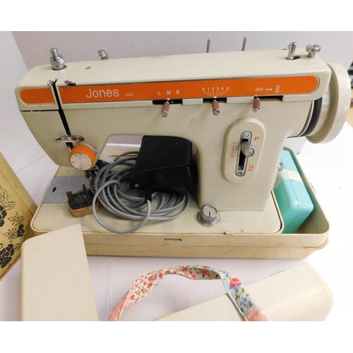 684 - Jones sewing machine in case incl. accessories and bag of sewing needles