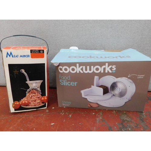 685 - Cookworks food slicer W/O with hand cranked meat mincer