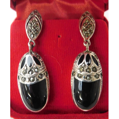 84 - Silver - jet & marcasite earrings