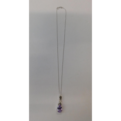 86 - Silver - lavender & marcasite pendant on silver chain