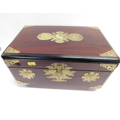 25A - Oriental style -  brass inlaid chest & costume jewellery