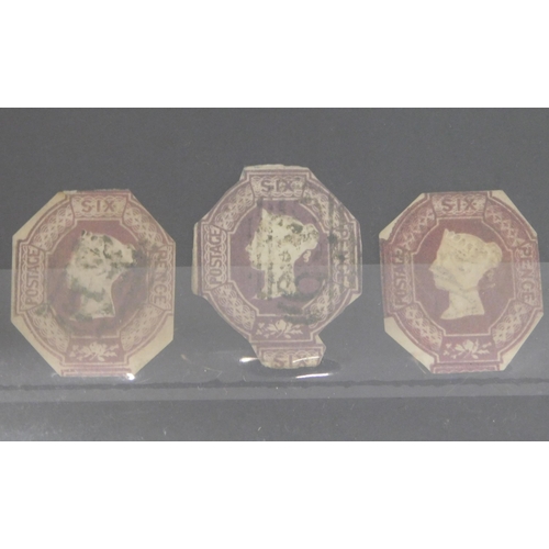 265 - Antique Victorian - 1847 dated/6d Mauve embossed stamps - three shades/cut to shape