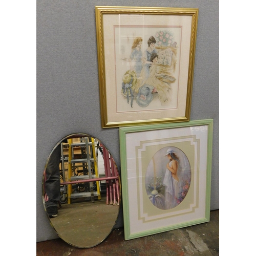 554A - Framed print, cross stitch and vintage oval mirror