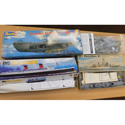 589 - Three ship model kits; Revell German u-boat u-47 and Zerstorer 21 Airfix RMS Queen Elizabeth