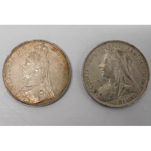 108 - Two - antique Victorian/silver Crown coins - dated 1887 & 1898