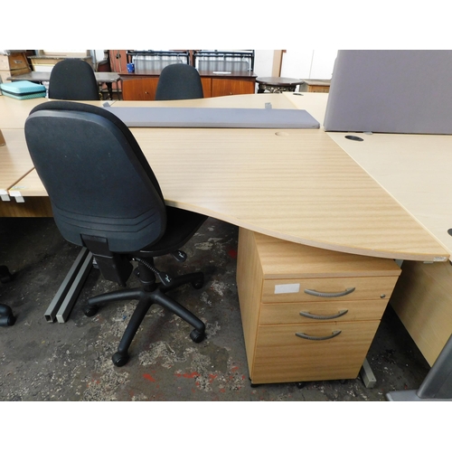 551 - Wavey top office desk with swivel chair and three drawer filing cabinet