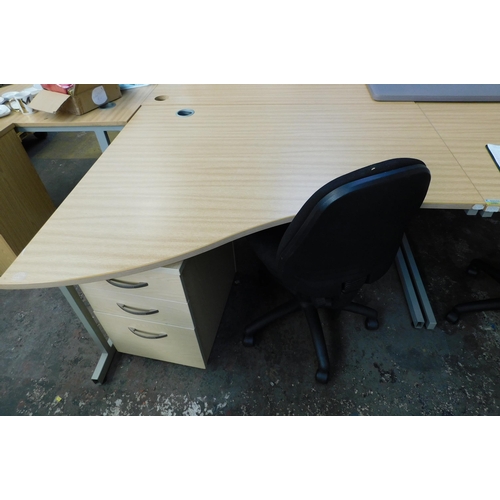 552 - Wavey top office desk with swivel chair and three drawer filing cabinet