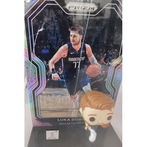 608 - Three Funko Pop display cases and figures - some damage to cases incl. Notorious BIG and Luka Doncic