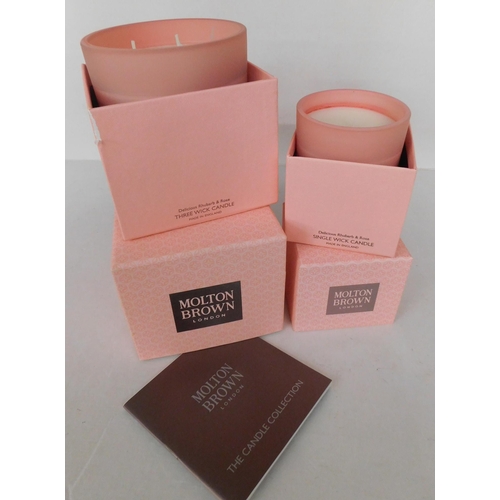 754 - New and boxed Molton Brown three wick and one wick candles - Delicious Rhubarb and Rose