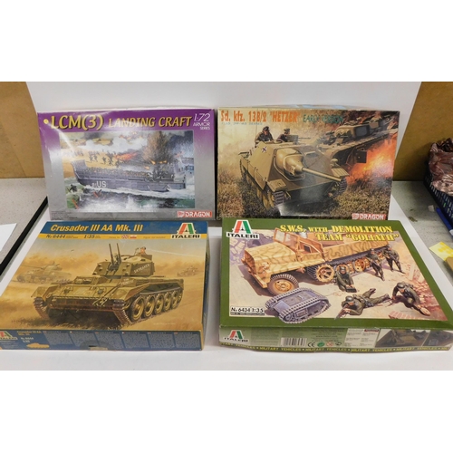 112 - Two/Dragon & two/Italeri model kits - tanks/armoured vehicle & landing craft - boxed