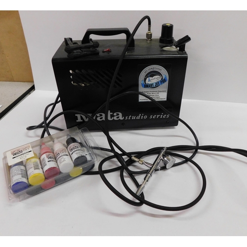 766 - IWATA air compressor - airbrush attachment and paints - W/O