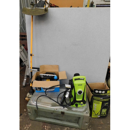 811 - Selection of DIY items etc. incl. large metal box, pressure washer, petrol strimmer and wall paper s... 