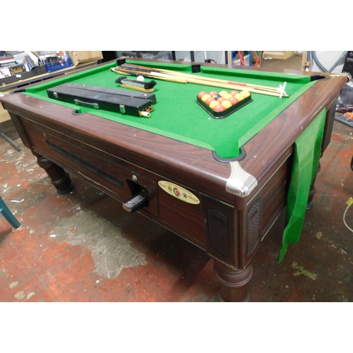 693 - Coin operated full size pool table with cues, balls etc. (coin mechanism needs attaching)