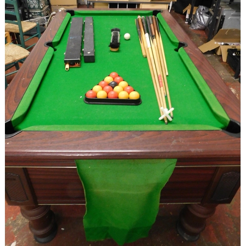 693 - Coin operated full size pool table with cues, balls etc. (coin mechanism needs attaching)