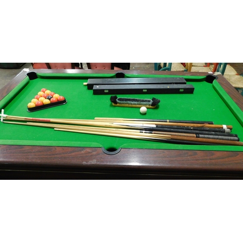 693 - Coin operated full size pool table with cues, balls etc. (coin mechanism needs attaching)