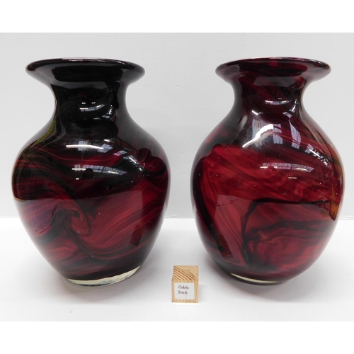 46 - Black & red/marbled glass vases - approximately 9