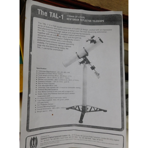 695 - The TAL-1 110mm Newtonian reflector telescope complete with lens and filters in wooden storage box