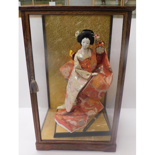 1 - Japanese - Geisha doll in display cabinet - approx. 21