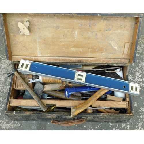 513 - Wooden tool chest with vintage tools