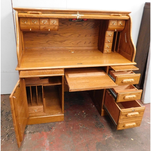 571 - Large handmade roll top writing bureau with keys - lots of storage drawers etc