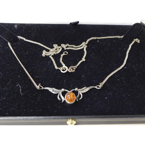 114 - Antique silver - amber set/Art Nouveau style - pendant & chain