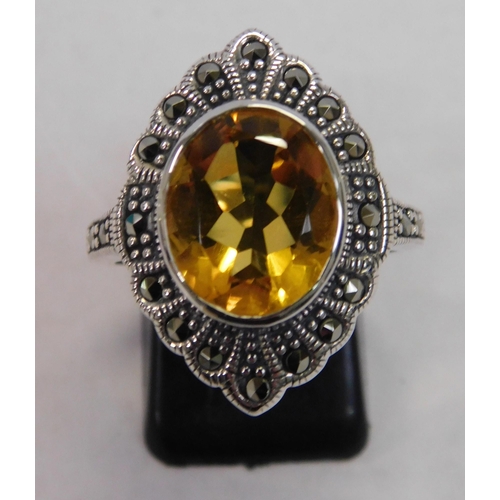 127 - Silver - citrine & marcasite/set ring