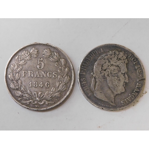 281 - Two - antique French/Louise Phillipe I - silver/Five Franc coins - dated 1846 & 1856