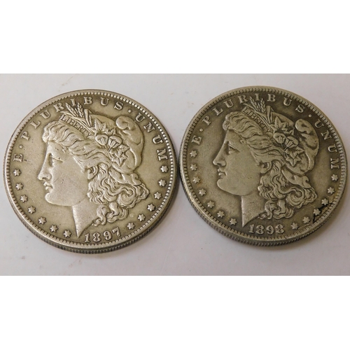 291 - Two - antique American/silver Dollars - dated 1896 & 1897 - (combined weight 53.6g)