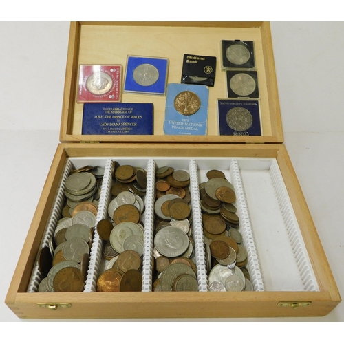 322 - Coin box - containing GB silver & copper coins - including Crowns & commemorative