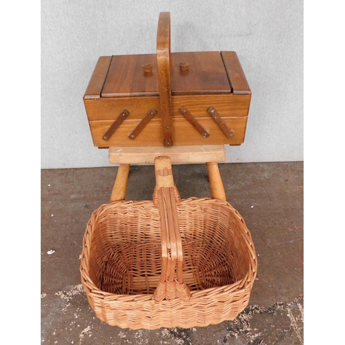 674 - Cantilever sewing box and child's wooden stool and wicker basket