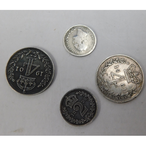 100 - Four - antique silver/Maundy coins - dated 1834/1861/1896/1901