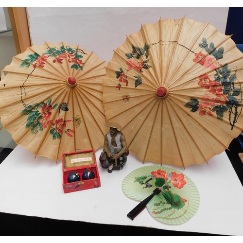 28 - Oriental style items - including parasols & fan