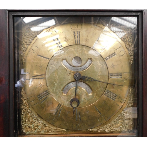 567 - John Stancliffe brass faced antique grandfather clock with carved front