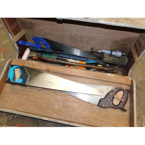 530 - Large joiners wooden tool box and assorted tools - 17