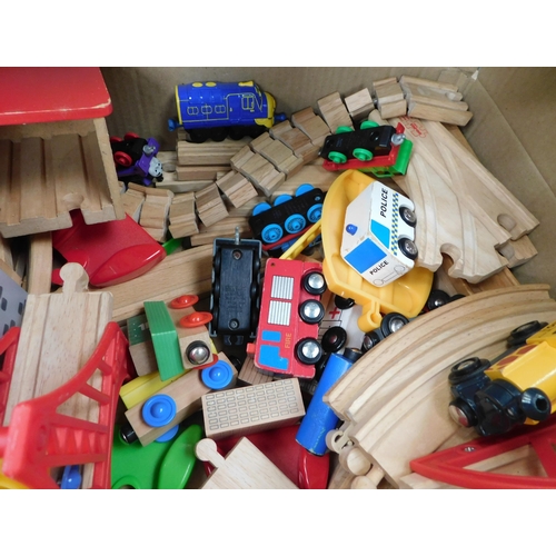 584 - Collection of wooden train track, mostly brio incl. trains, carriages and buildings