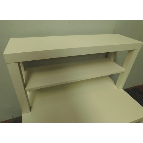 674 - Two white tables approx. 45mm high and 90mm long