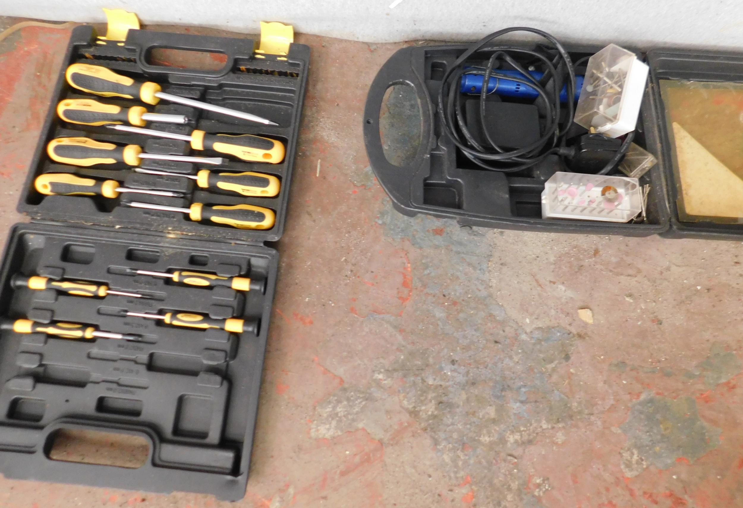 Box of Workzone screwdrivers and Powercraft model building/ engraving set
