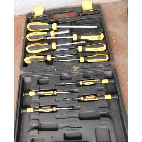 Box of Workzone screwdrivers and Powercraft model building/ engraving set