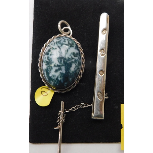 145 - Silver - Scottish agate set/pendant - & silver hallmarked/tie clip