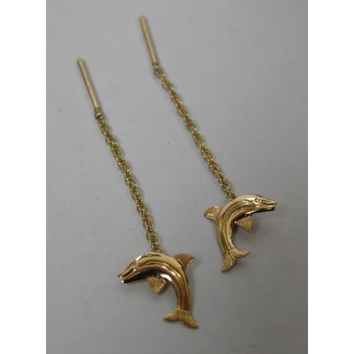 155 - 9ct gold - dolphin/pull through earrings