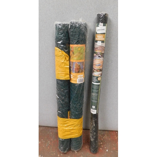 520 - Two new 25m rolls of chicken wire and roll of weed blocker...