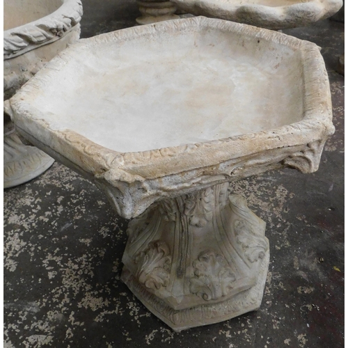 554 - Stoneware hexagonal bird bath on plinth