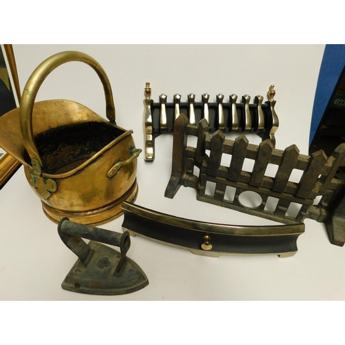 154 - Metalware including - fire grates/brass coal scuttle & iron door stop