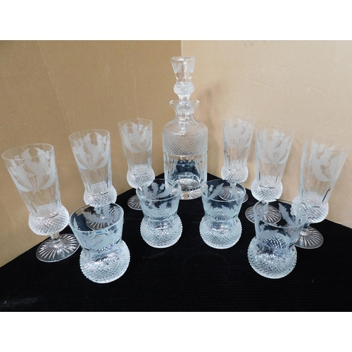 163 - Thistle Centenary/acid etched - whiskey decanter & glasses
