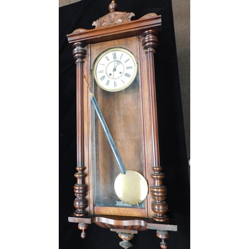 577 - Late Victorian Vienna walnut wall clock with pendulum and key