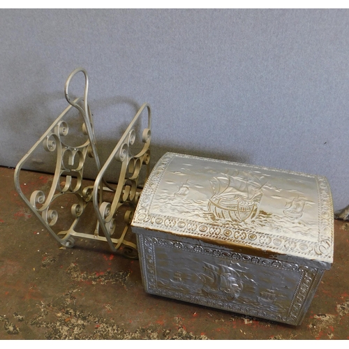 609 - Sprayed brass coal bucket and wrought iron magazine rack