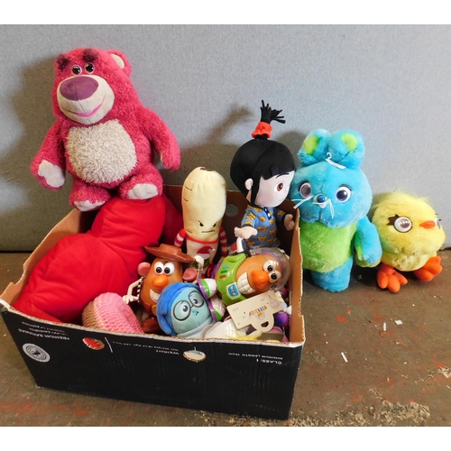 625 - Large box of branded soft toys incl: Toy Story etc
