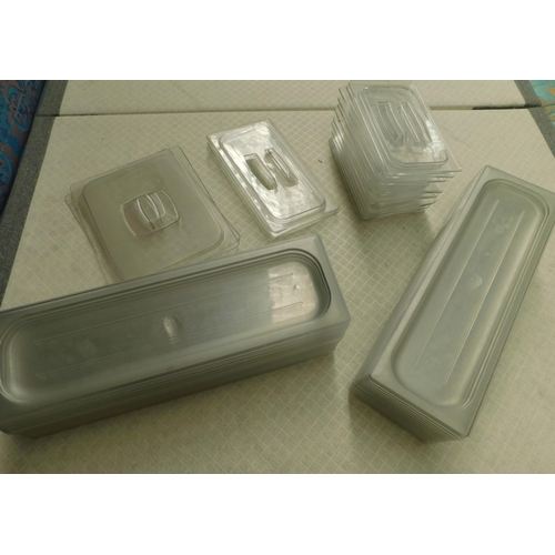 649 - Large box of plastic catering container lids - four different sizes